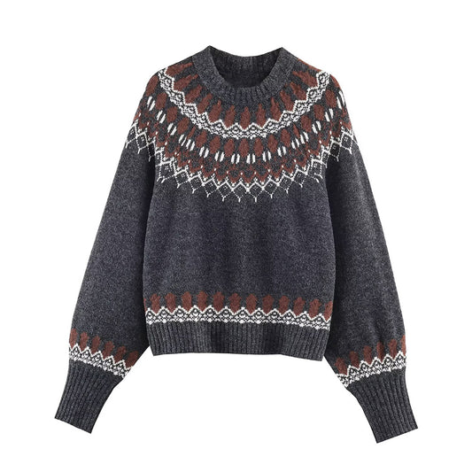 Women's round neck jacquard knitted sweater
