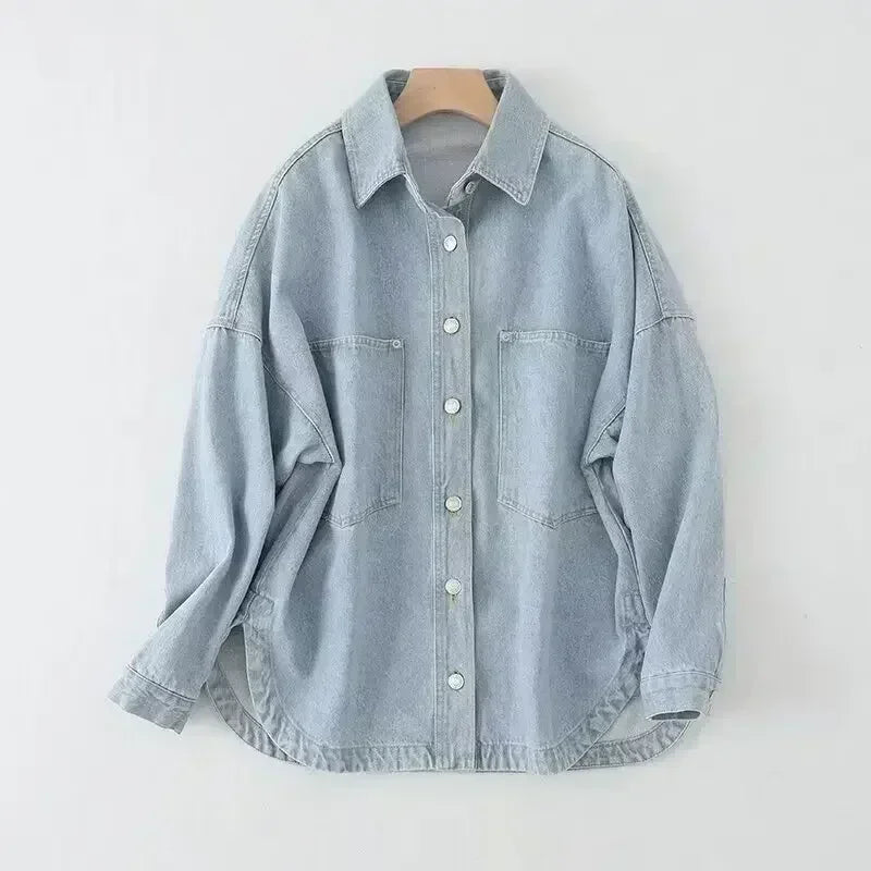 Women's new fashionable large pocket decoration loose casual denim shirt retro long sleeved button up women's shirt chic top