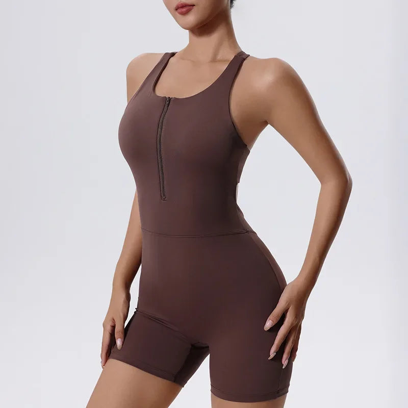 Women's New Zipper Shorts Jumpsuit Women's Dance Fitness Jumpsuit Tight Yoga Suit With Chest Pad.