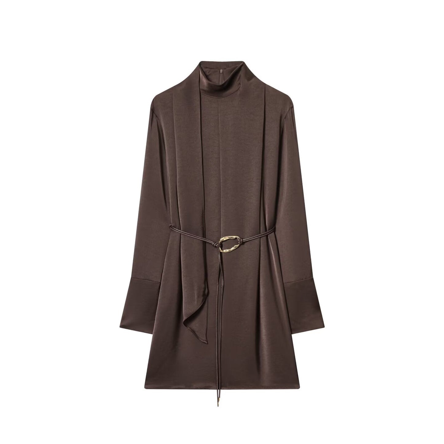 Women's With Belt Half High Neck Satin Texture Dress