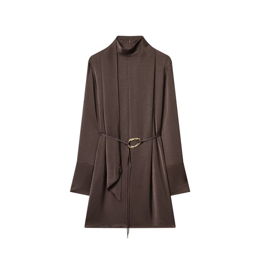 Women's With Belt Half High Neck Satin Texture Dress