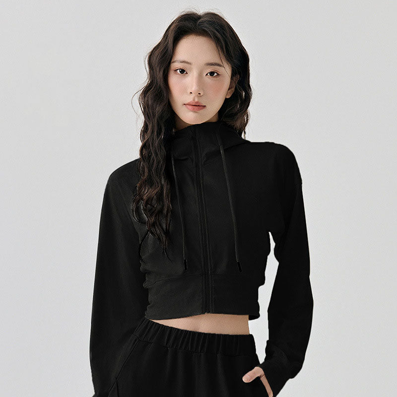 Women's short yoga coat with adjustable hat rope