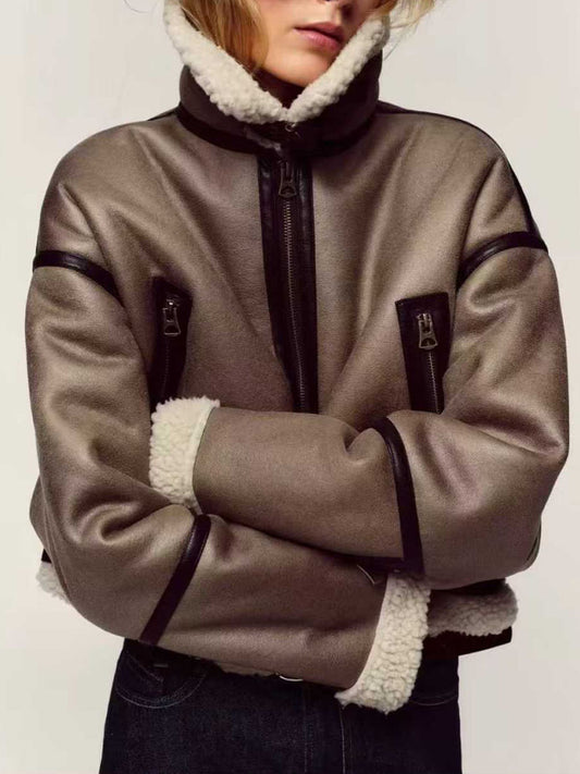 Women's short fur integrated zipper long sleeve coat