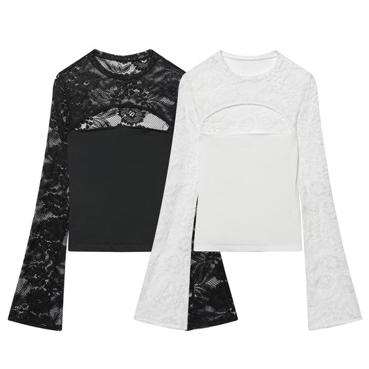 Women's lace patchwork hollow flared sleeve top