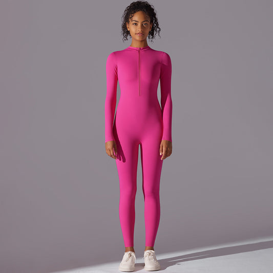 Women's New Solid Color High Elastic Half-open Zipper Jumpsuit Sports Running Fitness Long-sleeved Yoga Clothes