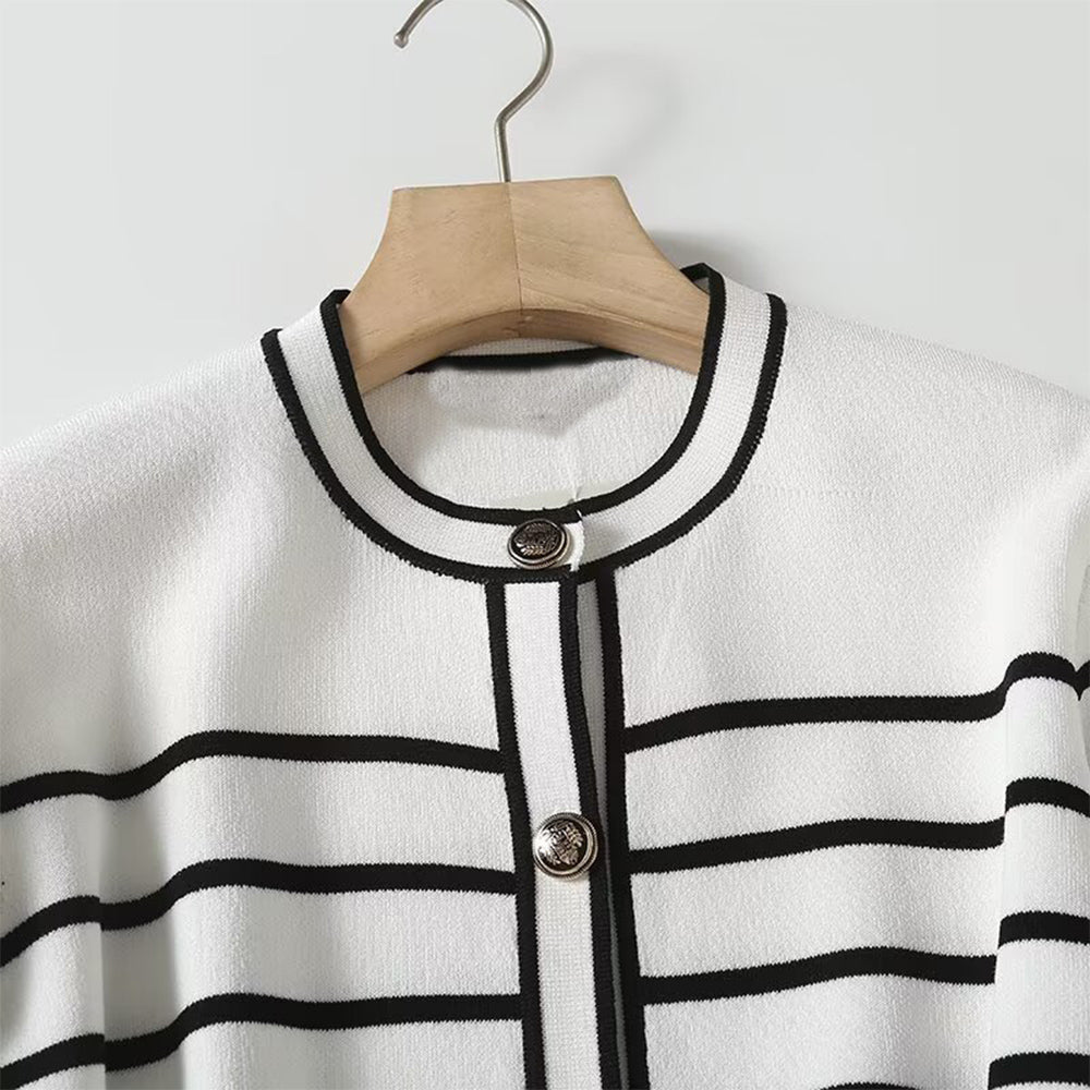Women's autumn fashion button design short sleeved striped cardigan