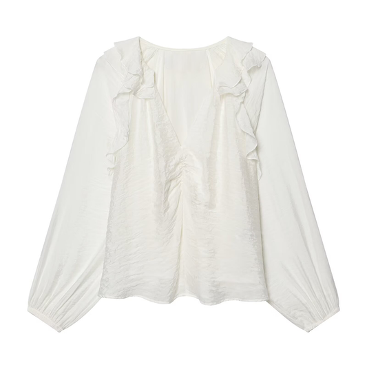 Women's layered decorative V-neck pleated shirt