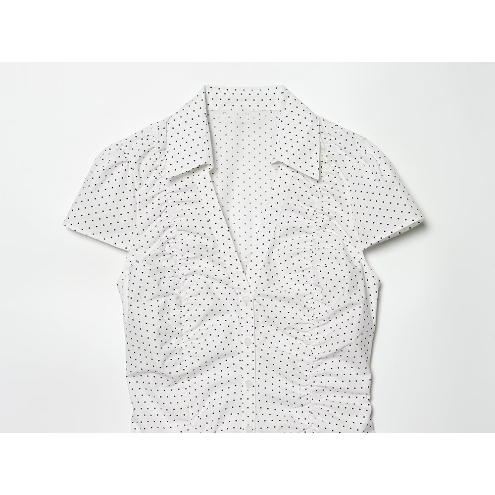 Women's pleated decorative polka dot poplin top