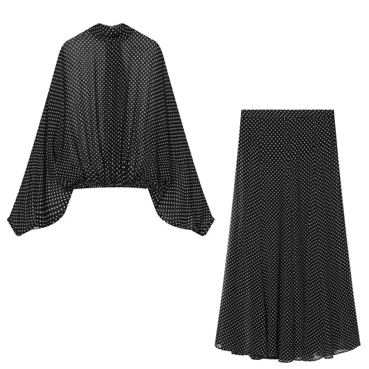 suit Women's 2 pieces bow decoration polka dot shirt+Skirts