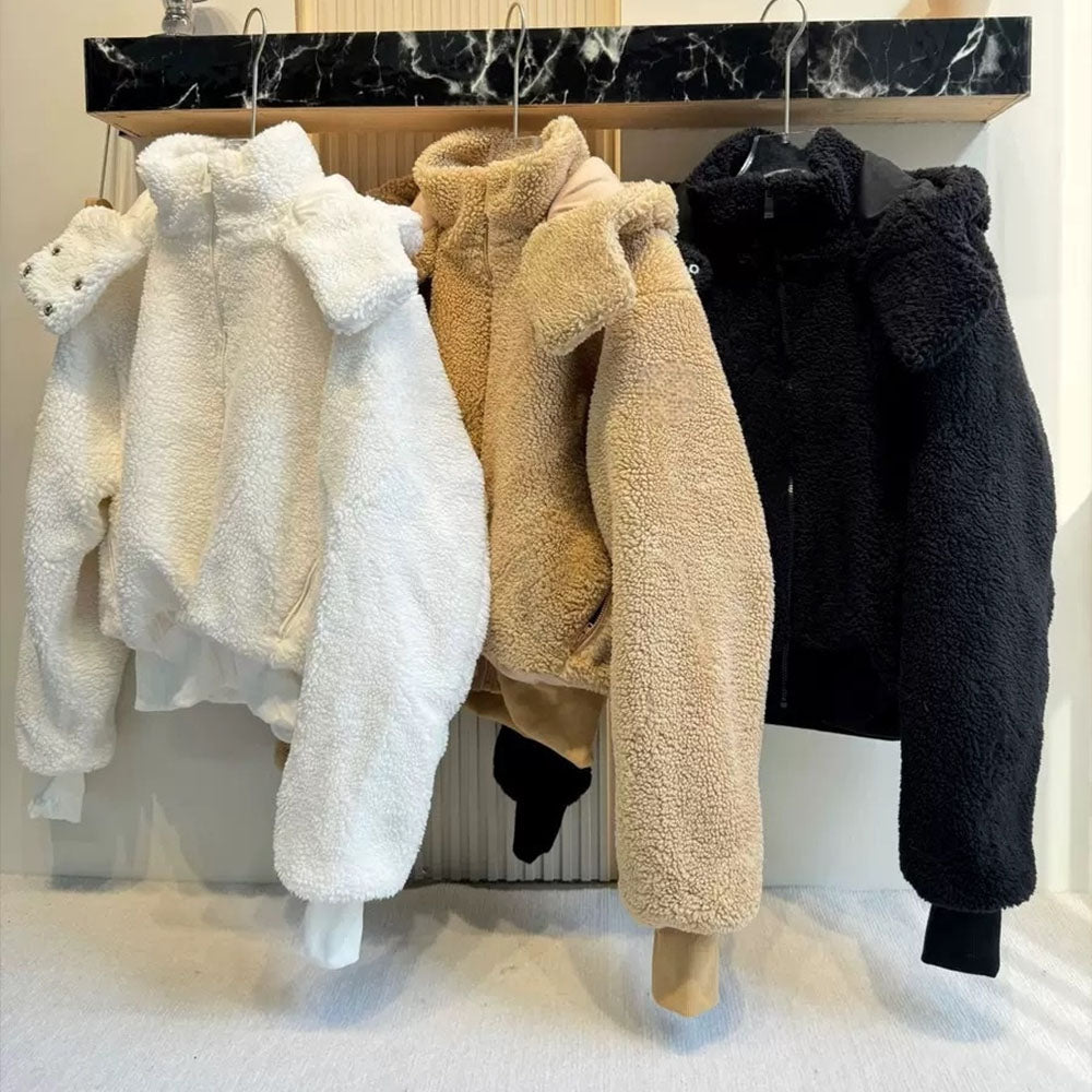 Women's new lambswool hooded short zipper coat