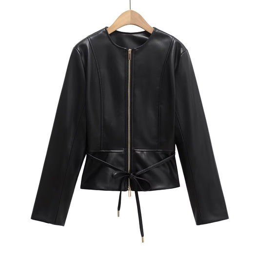 Women's with Belt O Neck zipper Faux Leather jacket Coat