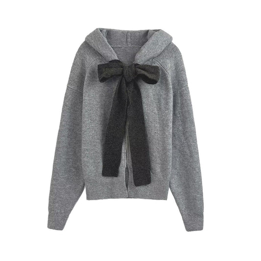 Women's bow decoration knitted hooded Coat