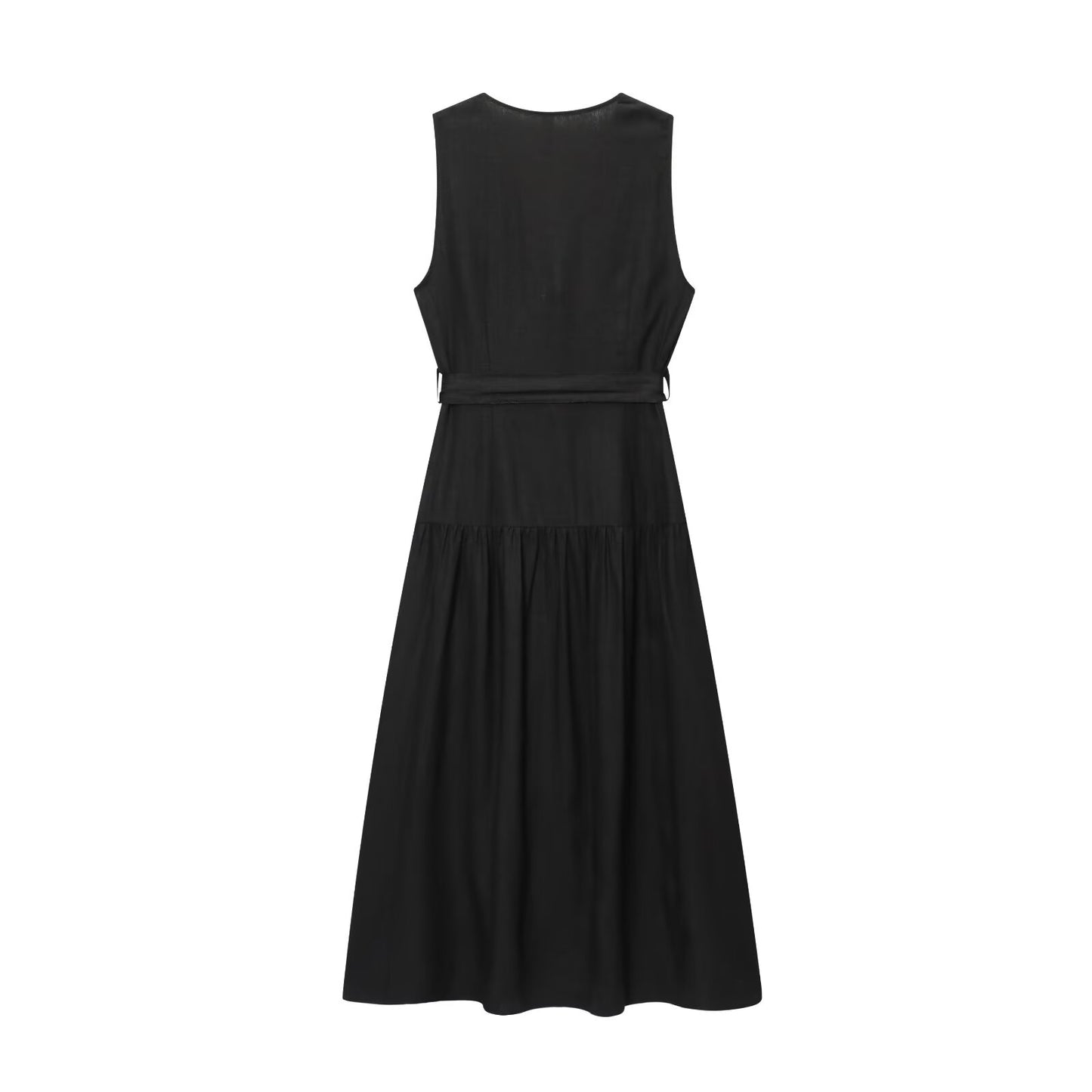 Women's New Fashion With Belt Sleeveless V-neck Linen Blended Midi Dress