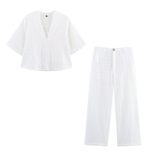 Women's new fashion short sleeved V-neck hollowed out embroidered shirt+Pants suit