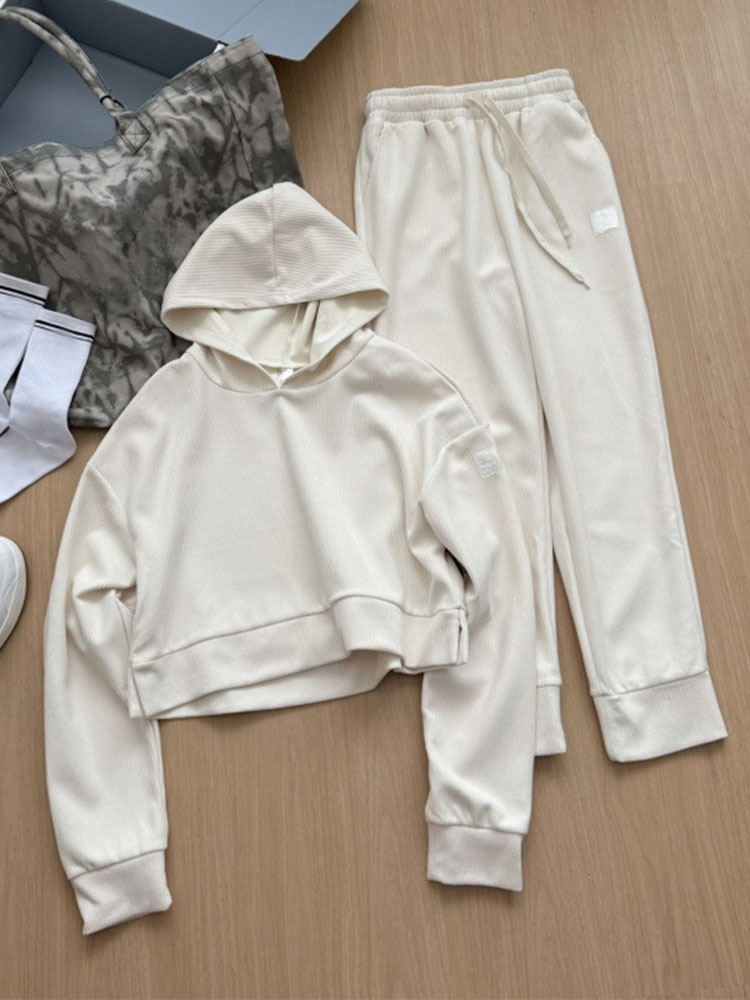 Women's new short hooded sweater+corduroy leg pants